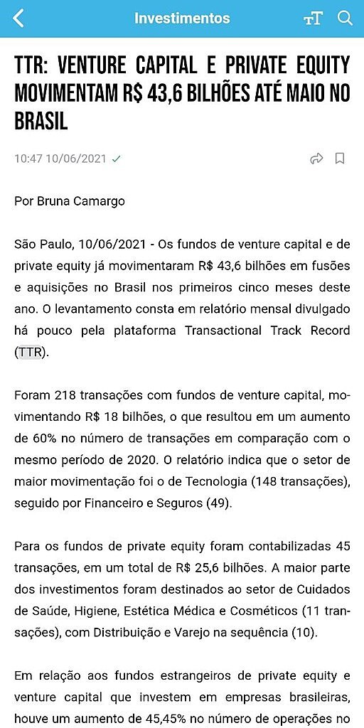 TTR: Venture Capital e Private Equity movimentam R$ 43,6 bilhes at maio no Brasil